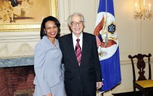 With Secretary of State Condoleezza Rice, April 8, 2008, after receiving the First  Benjamin Franklin Award for Public Diplomacy.(AP-Michael Gross)